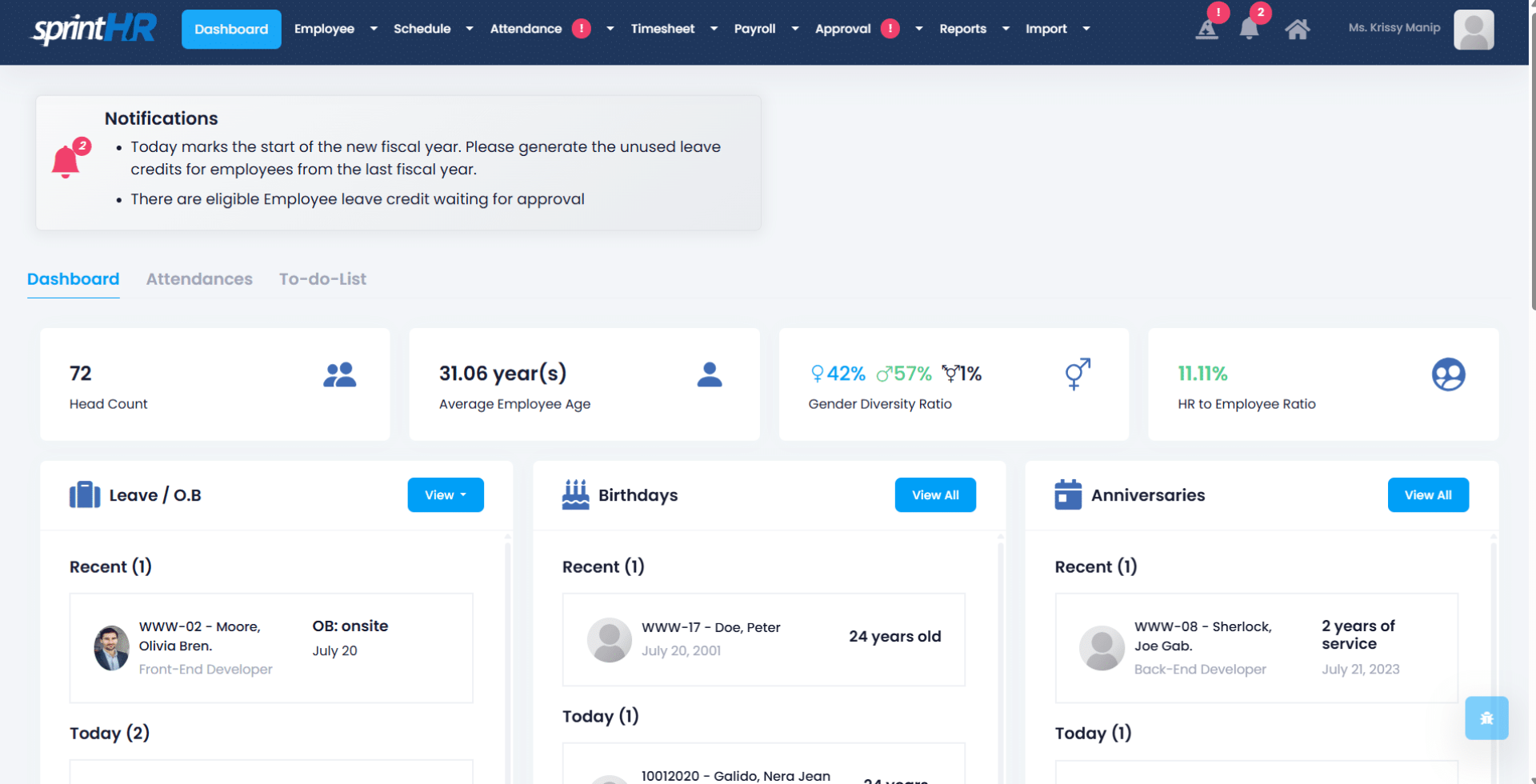sprinthr dashboard